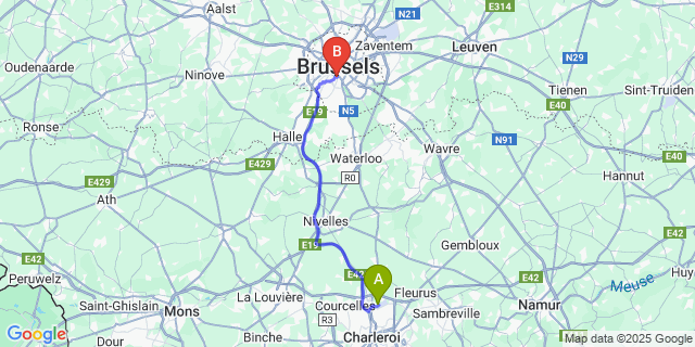Map: Charleroi Airport Brussels South (CRL) to Chic Cocoon Center, Brussels