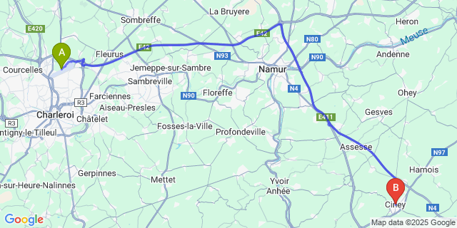 Map: Charleroi Airport Brussels South (CRL) to Ciney