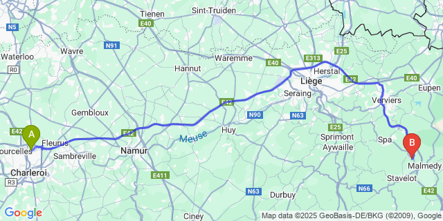 Map: Charleroi Airport Brussels South (CRL) to Circuit of Spa-Francorchamps