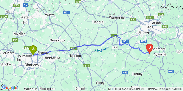 Map: Charleroi Airport Brussels South (CRL) to Comblain-au-Pont