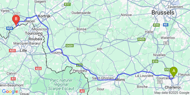 Map: Charleroi Airport Brussels South (CRL) to Comines