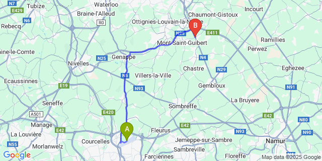 Map: Charleroi Airport Brussels South (CRL) to Corbais