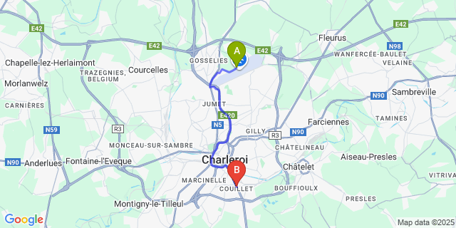 Map: Charleroi Airport Brussels South (CRL) to Couillet