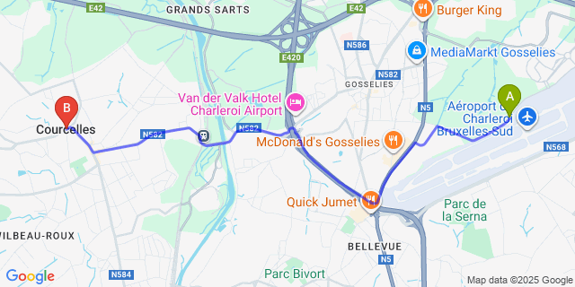 Map: Charleroi Airport Brussels South (CRL) to Courcelles
