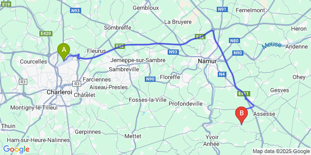Map: Charleroi Airport Brussels South (CRL) to Crupet