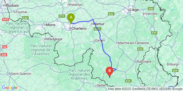 Map: Charleroi Airport Brussels South (CRL) to Cugnon