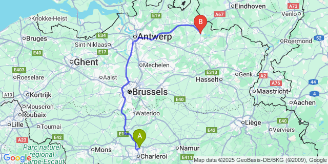 Map: Charleroi Airport Brussels South (CRL) to Dessel