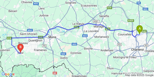 Map: Charleroi Airport Brussels South (CRL) to Dour
