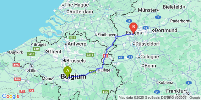 Map: Charleroi Airport Brussels South (CRL) to Duisburg