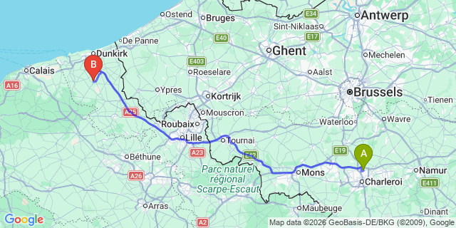 Map: Charleroi Airport Brussels South (CRL) to Dunkerque