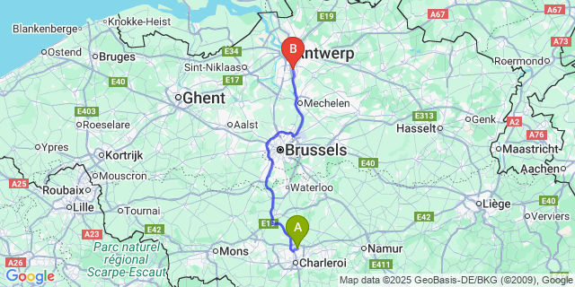 Map: Charleroi Airport Brussels South (CRL) to Edegem