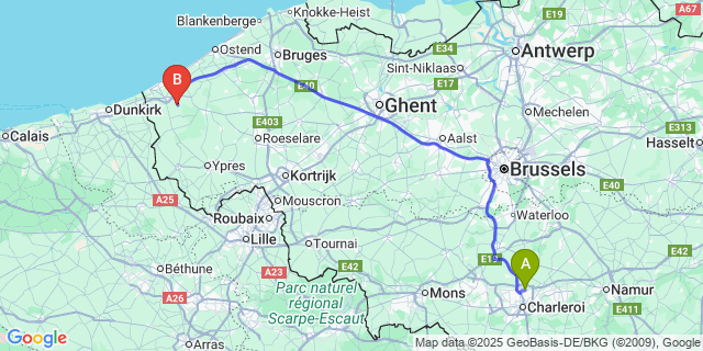 Map: Charleroi Airport Brussels South (CRL) to Eggewaartskapelle