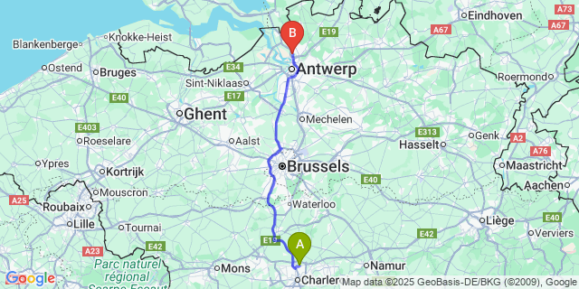 Map: Charleroi Airport Brussels South (CRL) to Ekeren