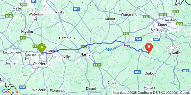 Map: Charleroi Airport Brussels South (CRL) to Ellemelle
