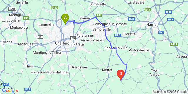 Map: Charleroi Airport Brussels South (CRL) to Ermeton-Sur-Biert