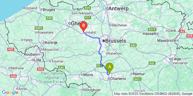 Map: Charleroi Airport Brussels South (CRL) to Erpe