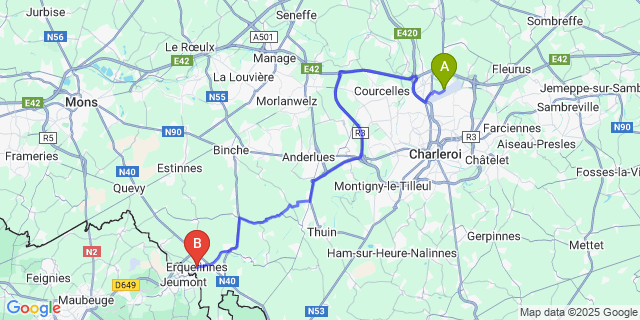 Map: Charleroi Airport Brussels South (CRL) to Erquelinnes