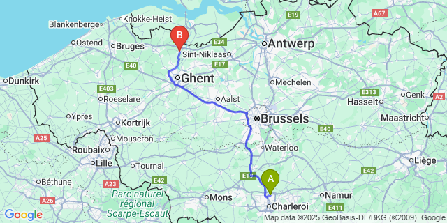 Map: Charleroi Airport Brussels South (CRL) to Ertvelde