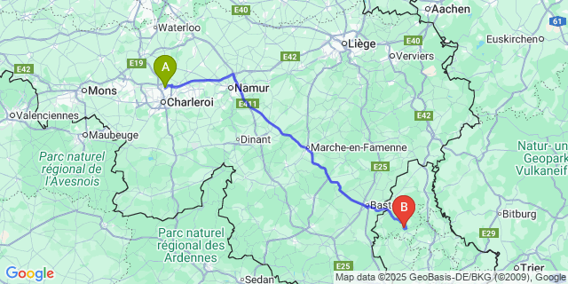 Map: Charleroi Airport Brussels South (CRL) to Esch-sur-Sure