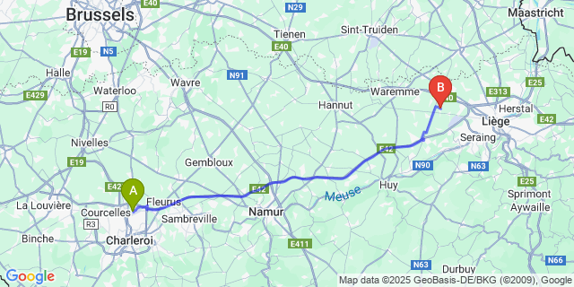Map: Charleroi Airport Brussels South (CRL) to Fexhe-le-Haut-Clocher