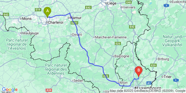 Map: Charleroi Airport Brussels South (CRL) to Fischbach