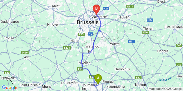 Map: Charleroi Airport Brussels South (CRL) to Fly Inn Hotel & Lounge - Brussels Airport