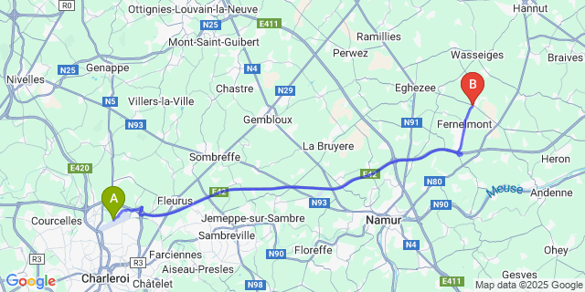 Map: Charleroi Airport Brussels South (CRL) to Forville (Fernelmont)