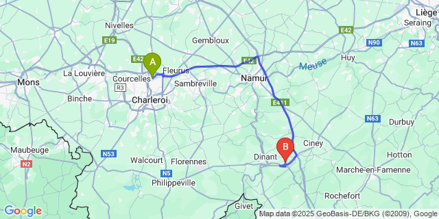 Map: Charleroi Airport Brussels South (CRL) to Foy-Notre-Dame