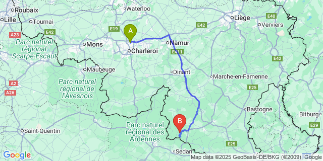 Map: Charleroi Airport Brussels South (CRL) to Frahan