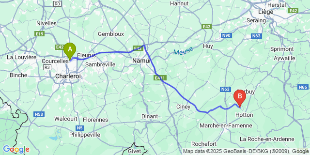 Map: Charleroi Airport Brussels South (CRL) to Fronville