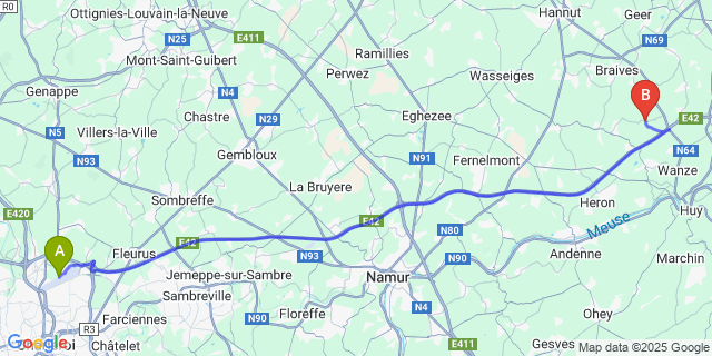 Map: Charleroi Airport Brussels South (CRL) to Fumal