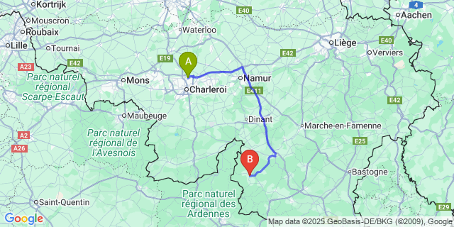 Map: Charleroi Airport Brussels South (CRL) to Gedinne