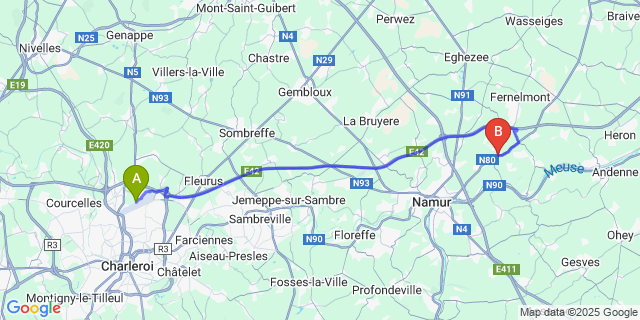Map: Charleroi Airport Brussels South (CRL) to Gelbressée