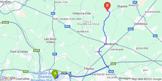 Map: Charleroi Airport Brussels South (CRL) to Gentinnes