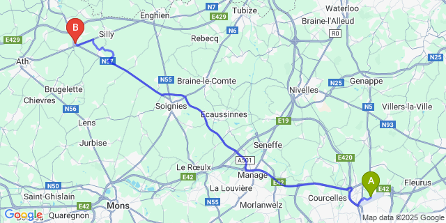 Map: Charleroi Airport Brussels South (CRL) to Ghislenghien