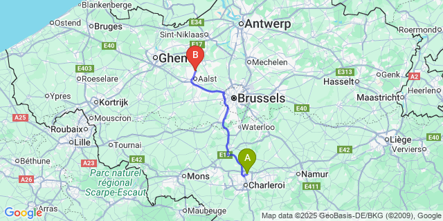 Map: Charleroi Airport Brussels South (CRL) to Gijzegem