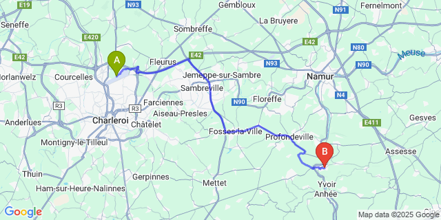 Map: Charleroi Airport Brussels South (CRL) to Godinne
