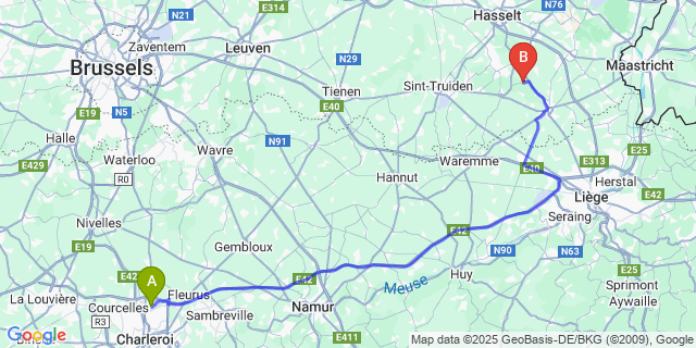 Map: Charleroi Airport Brussels South (CRL) to Gors-Opleeuw
