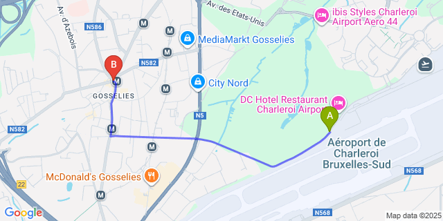 Map: Charleroi Airport Brussels South (CRL) to Gosselies