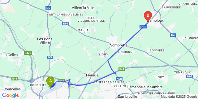 Map: Charleroi Airport Brussels South (CRL) to Grand Manil