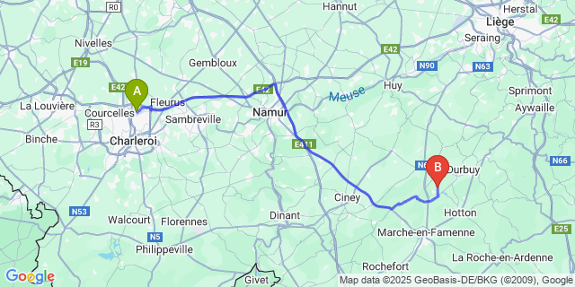Map: Charleroi Airport Brussels South (CRL) to Grande Enneille