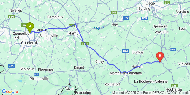 Map: Charleroi Airport Brussels South (CRL) to Grandménil