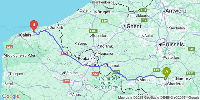 Map: Charleroi Airport Brussels South (CRL) to Gravelines