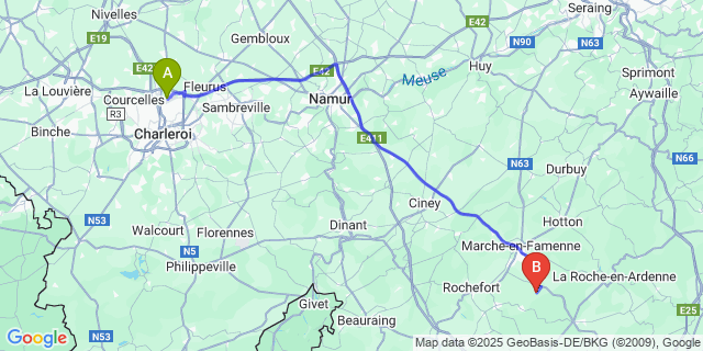 Map: Charleroi Airport Brussels South (CRL) to Grune