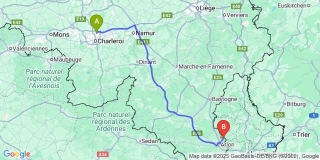 Map: Charleroi Airport Brussels South (CRL) to Guirsch