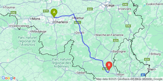Map: Charleroi Airport Brussels South (CRL) to Habay-la-neuve