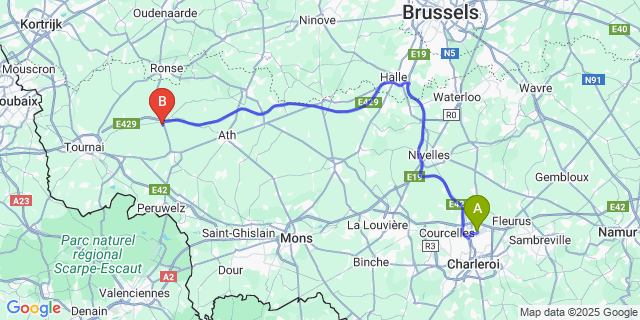 Map: Charleroi Airport Brussels South (CRL) to Hacquegnies