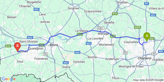 Map: Charleroi Airport Brussels South (CRL) to Hainin