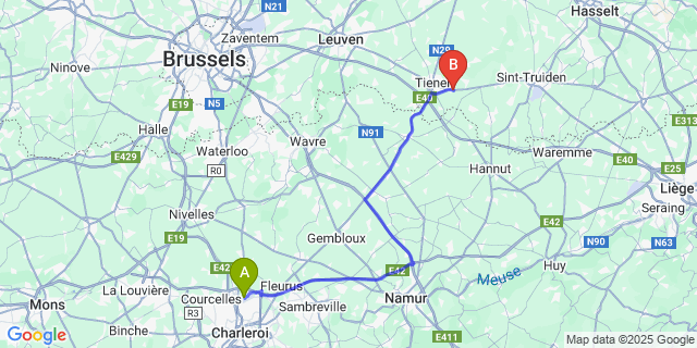 Map: Charleroi Airport Brussels South (CRL) to Hakendover