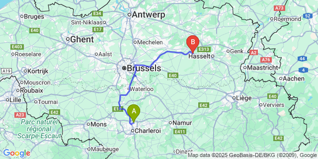 Map: Charleroi Airport Brussels South (CRL) to Halen